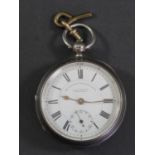 A silver English Lever key wind pocket watch, Birmingham 1905