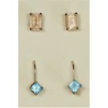 A pair of 9ct gold citrine ear studs and a pair of blue topaz ear rings, 2gm