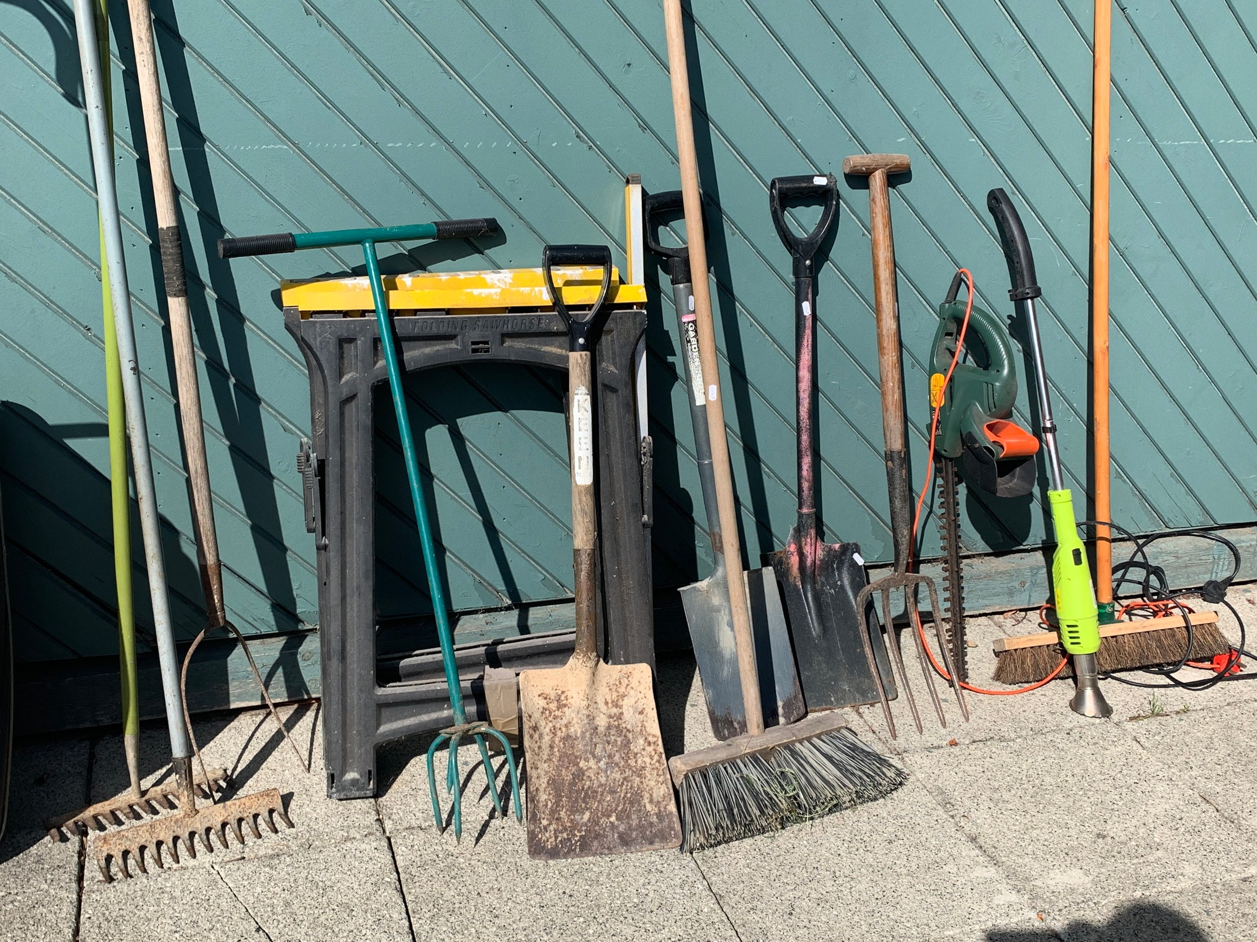A collection of garden tools, including a Flymo Vision Compact 380, rakes, brooms, forks, spades, - Image 3 of 3