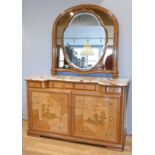 An Italian burr walnut and satinwood dressing table/chest, the front with inlaid stained marquetry
