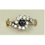 A 9ct gold sapphire and CZ cluster ring, O, 2.6gm, box