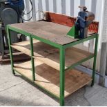 A metal workbench with wood top, mounted with a Record No.3 vice, 117 x 65 x 85cm