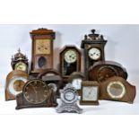 Three boxes of manual wind and later quartz clocks, to include French 8 day examples. (3)