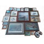 A collection of framed prints, woolworks, tapestries and paintings depicting otters.