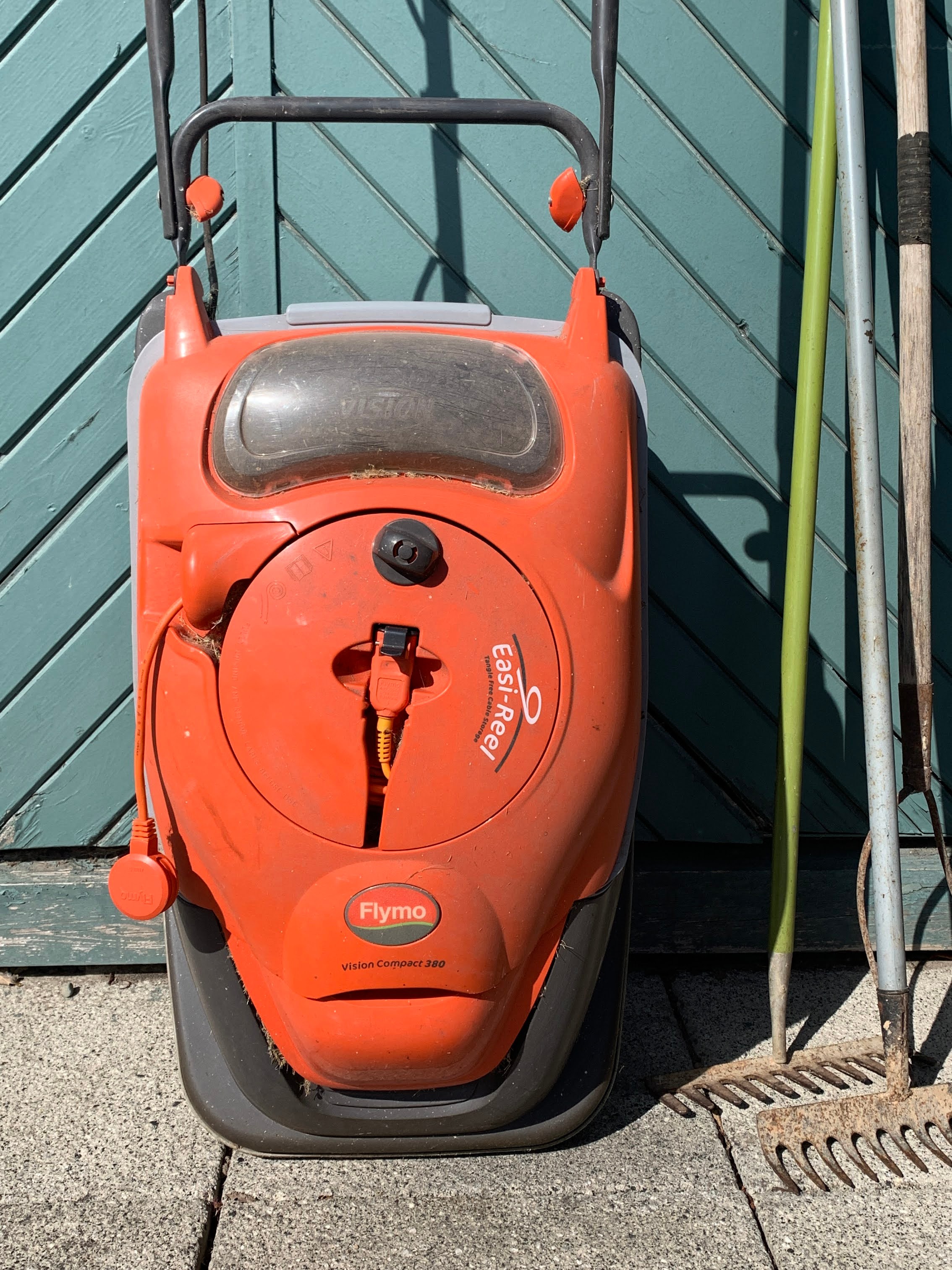 A collection of garden tools, including a Flymo Vision Compact 380, rakes, brooms, forks, spades, - Image 2 of 3