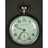 Jaeger LeCoultre, a War Department nickel pocket watch, the white enamel dial (damaged) with