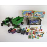 A Tonka tractor with trailer, a Burago Bugatti EB100 (1991), box, two Lego sets, three box corgis
