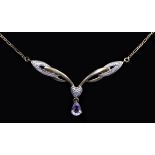 A 9ct gold, amethyst and diamond set scroll fronted pendant, chain, 4.1gm