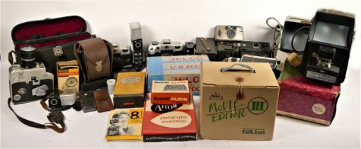 A collection of vintage tech, to include a sewing machine, massage gun, nail dryer, cameras, film