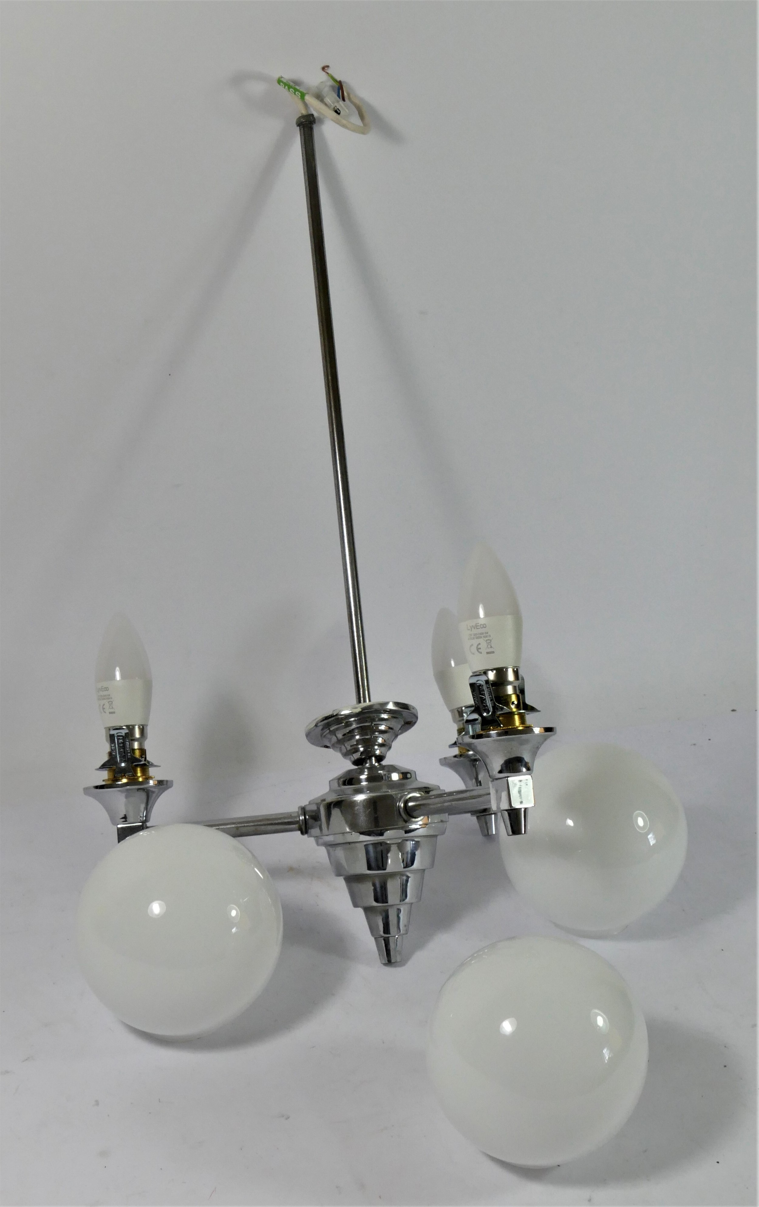 An Art Deco period 3 branch chandelier/ceiling light, chrome with white opaque glass shades. - Image 2 of 2