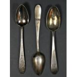 Two George III Irish bright cut tea spoons, by WW, Dublin, c.1790, and another similar, 41gm