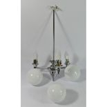 An Art Deco period 3 branch chandelier/ceiling light, chrome with white opaque glass shades.