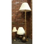 A modern brass standard lamp (with shade) together with a pair of table lamps with shades and a