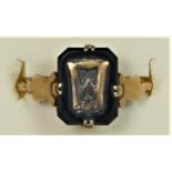 A vintage 9ct rose gold and onyx ring, inset M, N, 1.9gm
