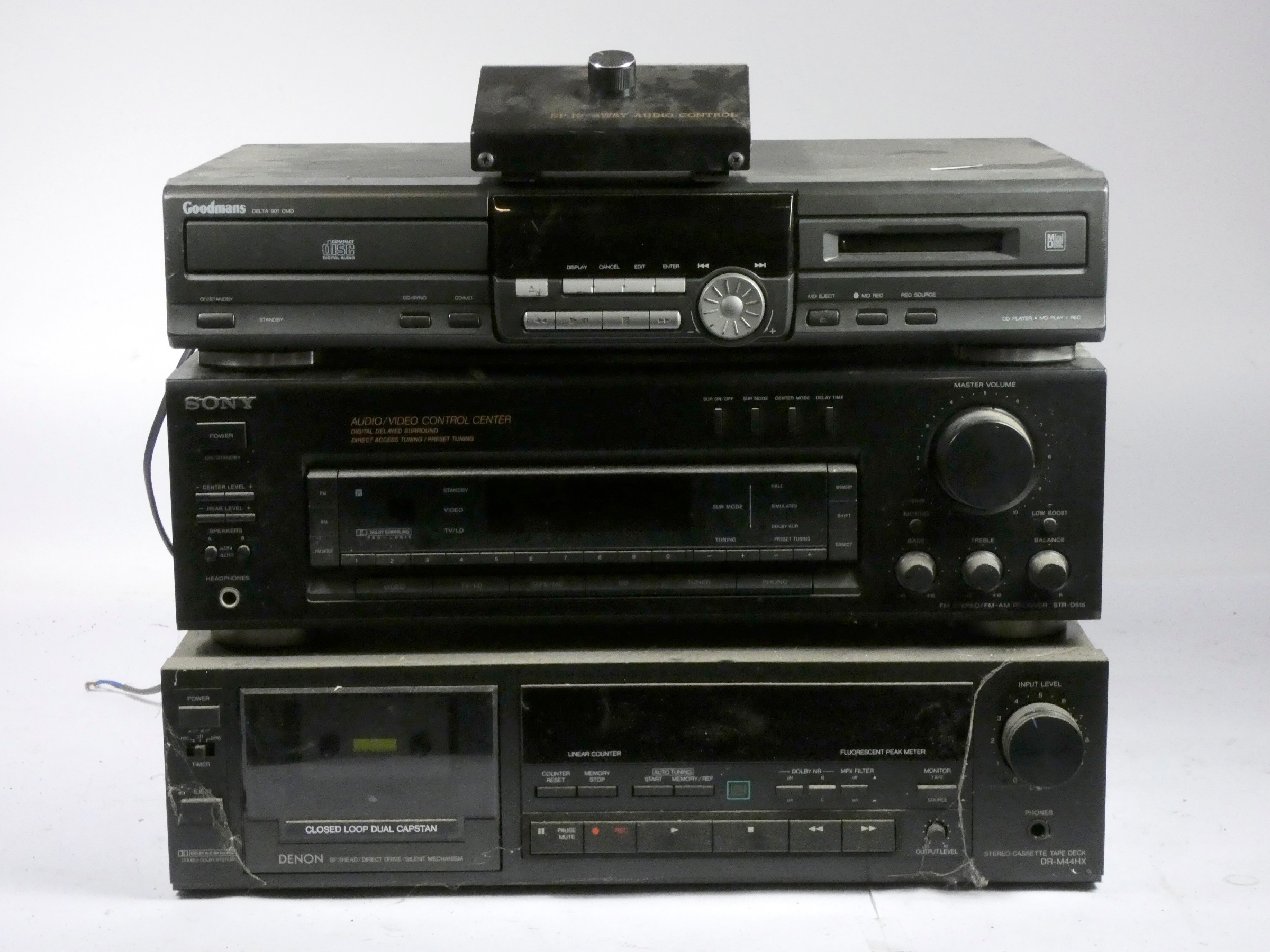 A Sony STR-D515 FM/AM receiver, a Denon DR-M44HX tape deck and a Goodmans Delta 401 mini disc player