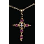 A 9ct gold ruby and diamond cross pendant, 22mm, chain, 1.7gm