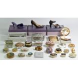 A collection of accessories, enamel, china, onyx and metal pill boxes, a Stratton gold coloured