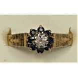 A 9ct gold sapphire and diamond cluster ring, N, 2.1gm