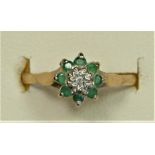 A 9ct gold emerald and diamond cluster ring, N, 1.4gm