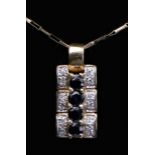 A 9ct gold sapphire and diamond pendant, chain, 1.6gm