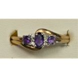 A 9ct gold amethyst and diamond dress ring, N 1/2, 2.1gm
