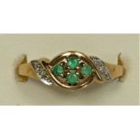 A 9ct gold emerald and diamond dress ring, O, 1.7gm