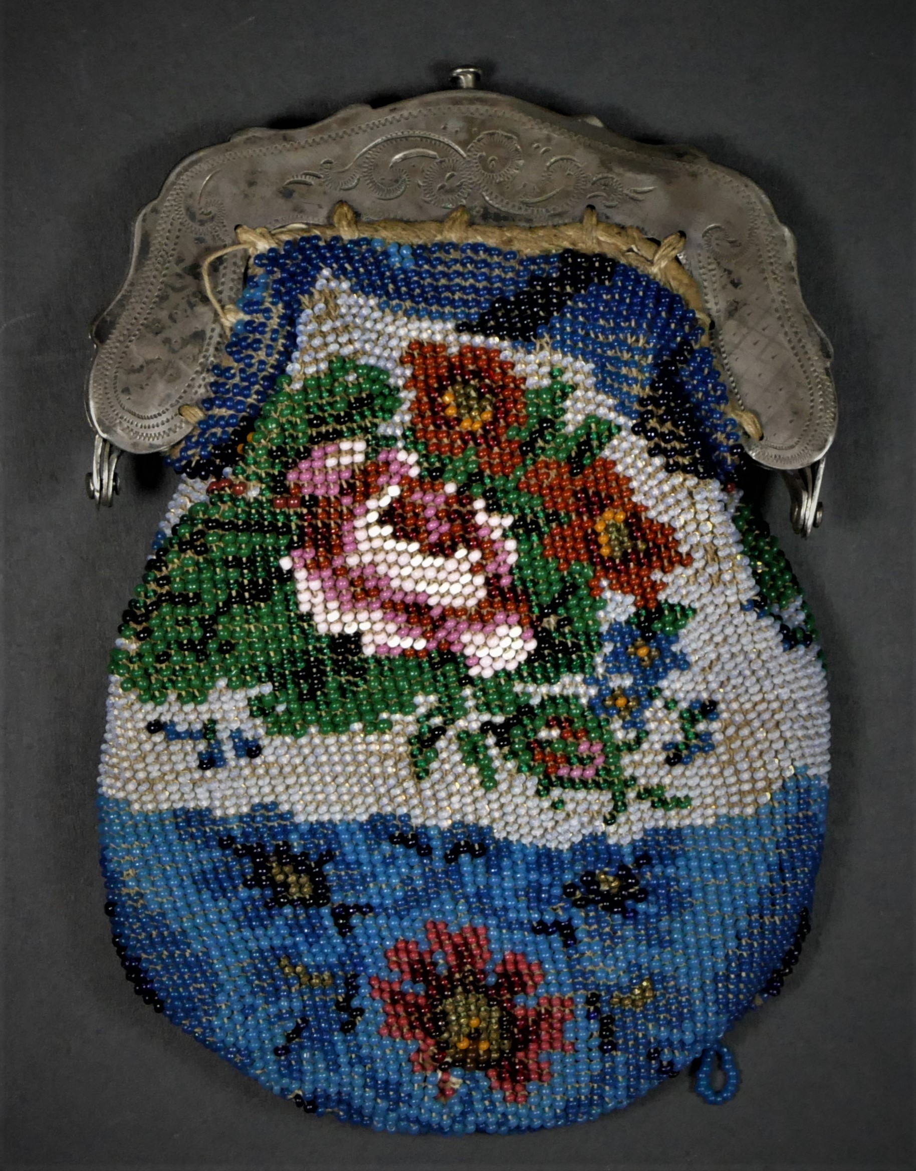 A Dutch silver and bead work purse, bearing 0.833 standard marks