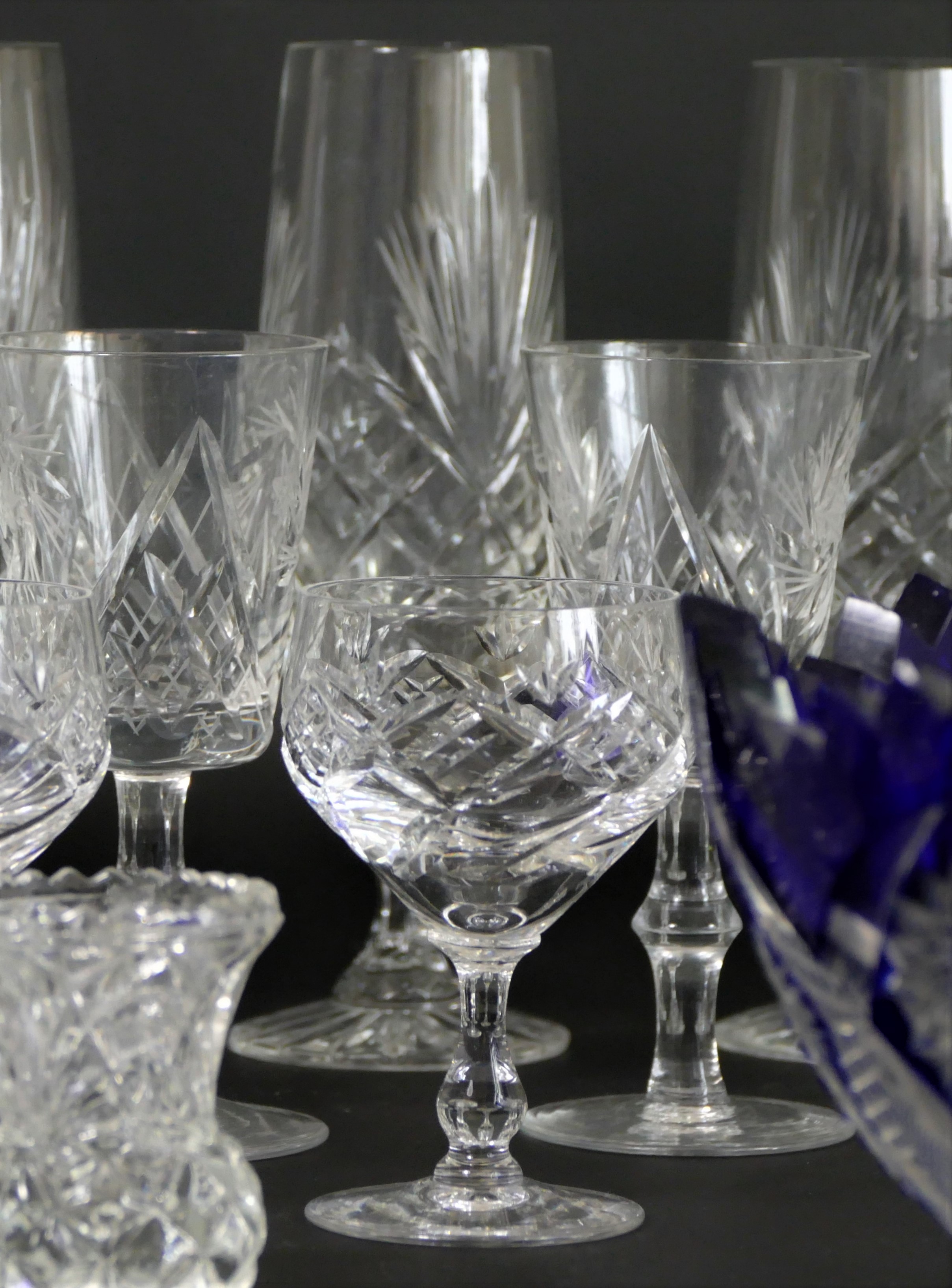 A collection of fine cut glass drinking glasses, together with a cobalt blue cut clear crystal - Image 2 of 2