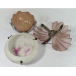 An Art Deco period fly catcher design ceiling light shade with marbled glass, together with a pink