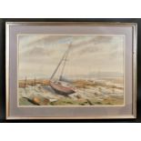 A.J. Robinson, contemporary, Beached sail boats on saltmarshes, Kent, watercolour, signed and