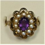 A 9ct gold amethyst and cultured pearl cluster ring, P 1/2, 3.7gm