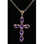 A 9ct gold and amethyst cross pendant, 30mm, chain, 2.1gm