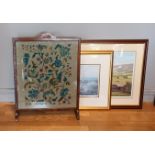 A Victorian oak framed fire screen, embroidered with 'Tree Of Life' crewelwork, H68cm, W53cm,