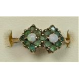 A 9ct gold opal and emerald double cluster ring, K 1/2, 1.9gm
