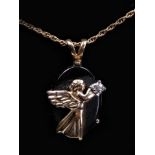 A 9ct gold onyx and diamond pendant, depicting an angel, chain, 1.6gm