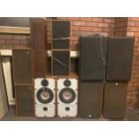 Six pairs of speakers, including Mission 770, Sony (model: SS-5300A), Wharfdale Linton and others.