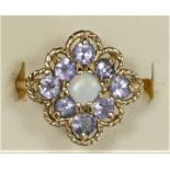 A 10K gold, opal and tanzanite cluster ring, K, 3.2gm