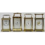 Four brass cased manual wind carriage clocks, comprising of an English "Henley" of London example