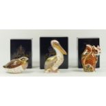 Three Royal Crown Derby paperweights, 'White Pelican' gold stopper, ltd edition 1884/5000, '
