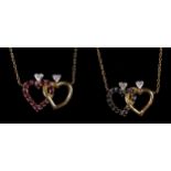 A 14K gold, brilliant cut diamond, ruby and sapphire entwined heart pendant, one side set with