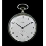 Omega, a nickel open face keyless wind pocket watch, c.1964, Arabic numerals with subsidiary seconds
