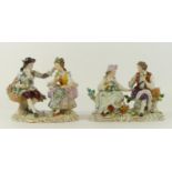 Sitzendorf, a seated man and woman hard paste porcelain figure group, with a basket of flowers,