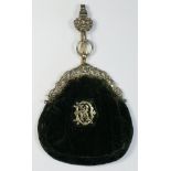 A Dutch silver mounted velvet purse, control marks, date letter for 1882, with belt mounting holder,