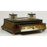 A Victorian style Boulle desk stand, with brass inlay and faux tortoiseshell decoration, two pen