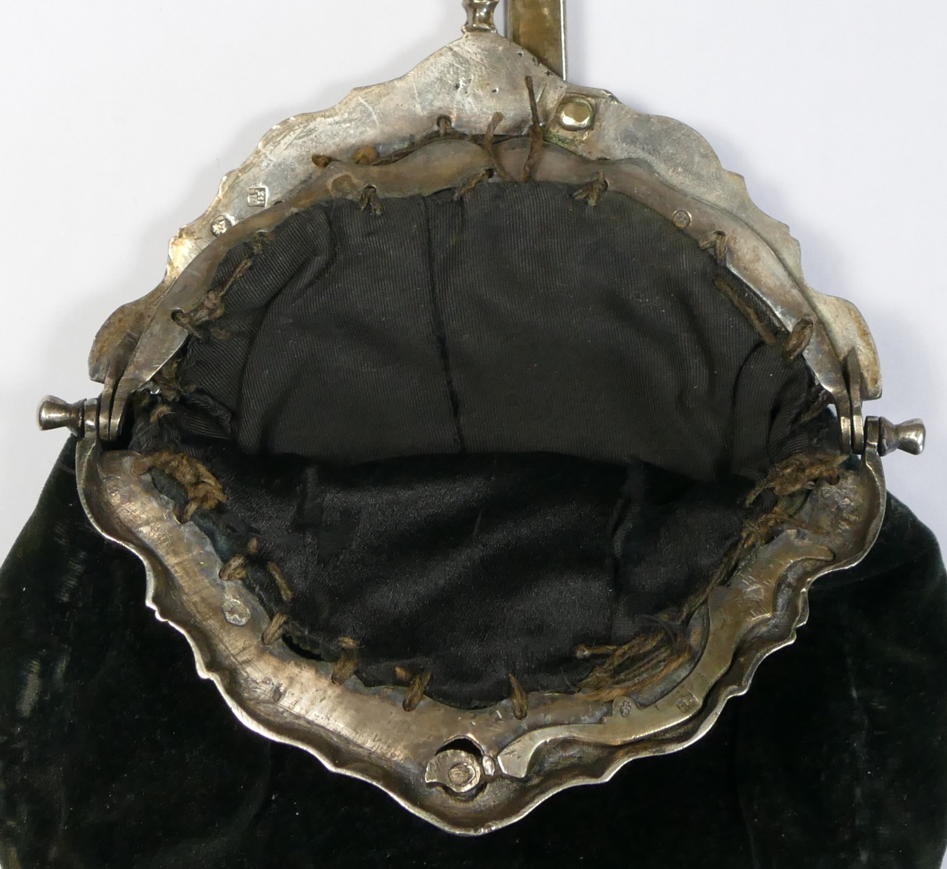 A Dutch silver mounted velvet purse, control marks, date letter for 1882, with belt mounting holder, - Image 5 of 5