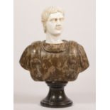 A white and variegated marble bust of a Roman Emperor, raised on a pedestal, 30cm