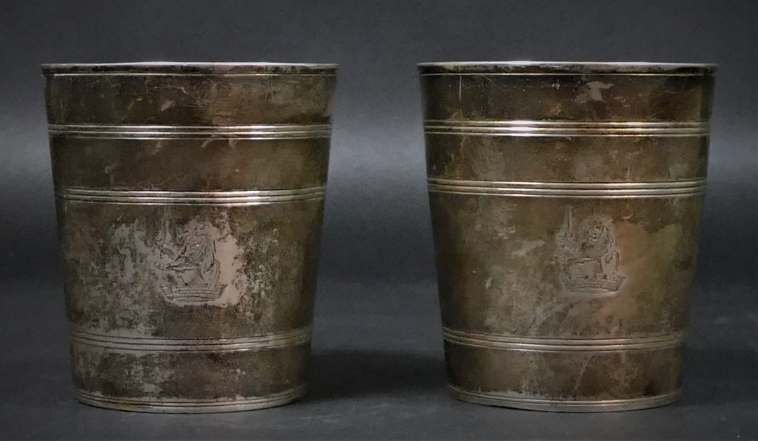 A George III silver pair of tapering beakers, by John Eames, London 1818, with line engraved - Image 2 of 5