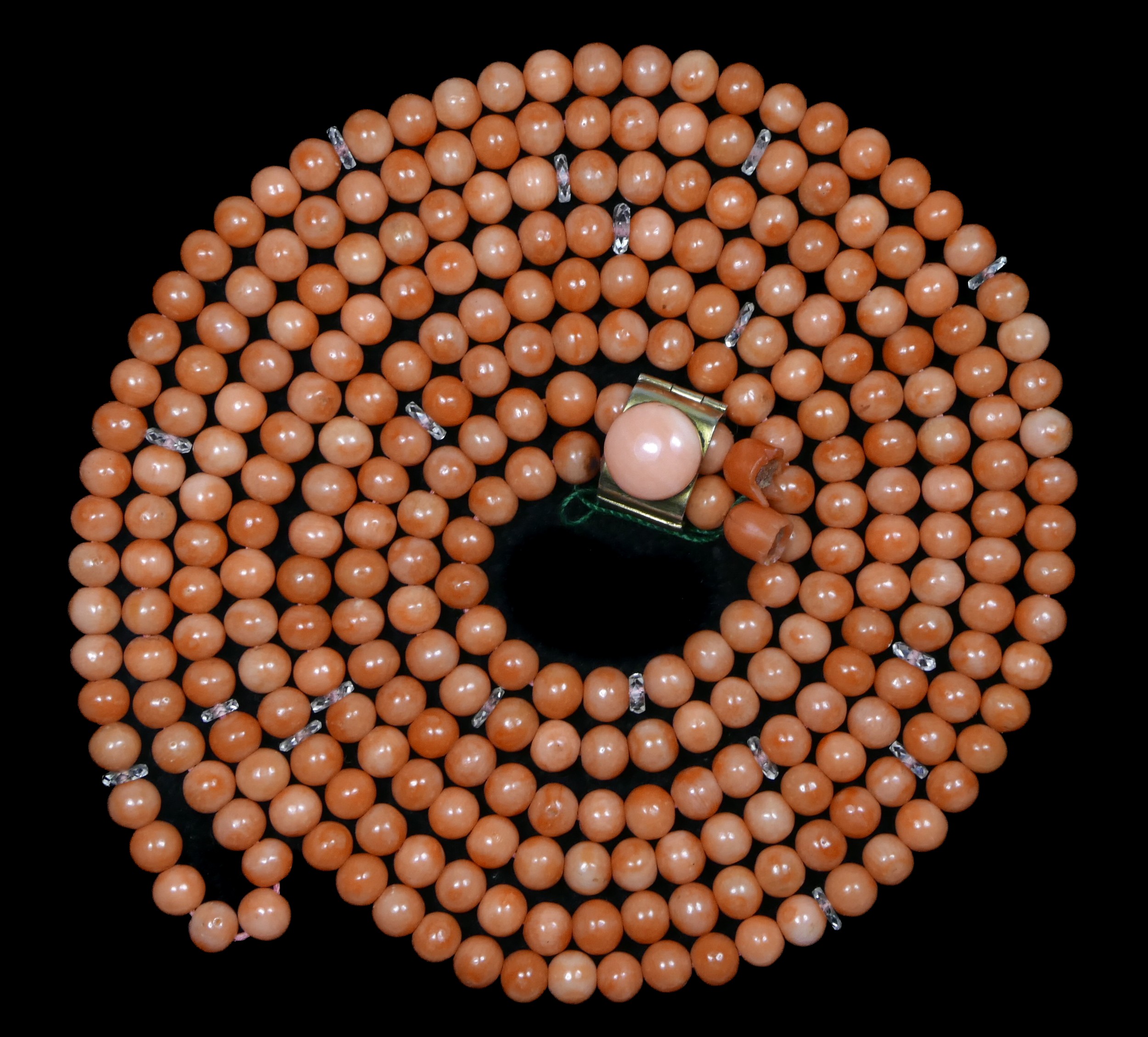 An Art Deco coral bead and facetted rock crystal sautoir necklace, with silver gilt slide, beads - Image 2 of 2