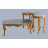 A Louis XV style giltwood and marble set of three side tables, with grey/green variegated circular