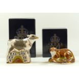 Two Royal Crown Derby paperweights, 'Bluebell Calf', gold stopper, 'Otter', gold stopper, both